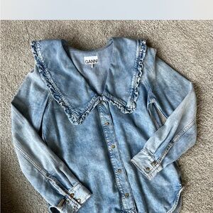 Ganni Denim Ruffle Collar Shirt